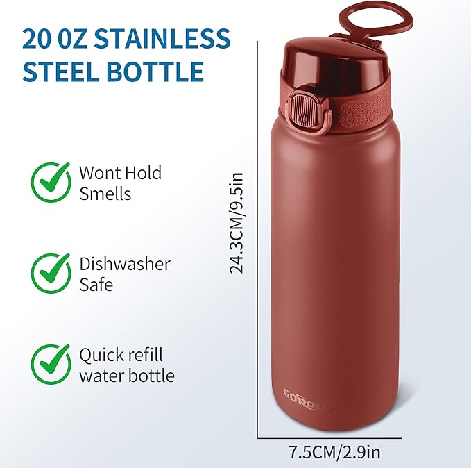 GOPPUS 20 Oz Insulated Stainless Steel Water Bottle BPA-Free Sports Water Bottle, Great for Travel, with Chug Lid - Leak & Sweat Proof with Anti-Dust Lid(red)
