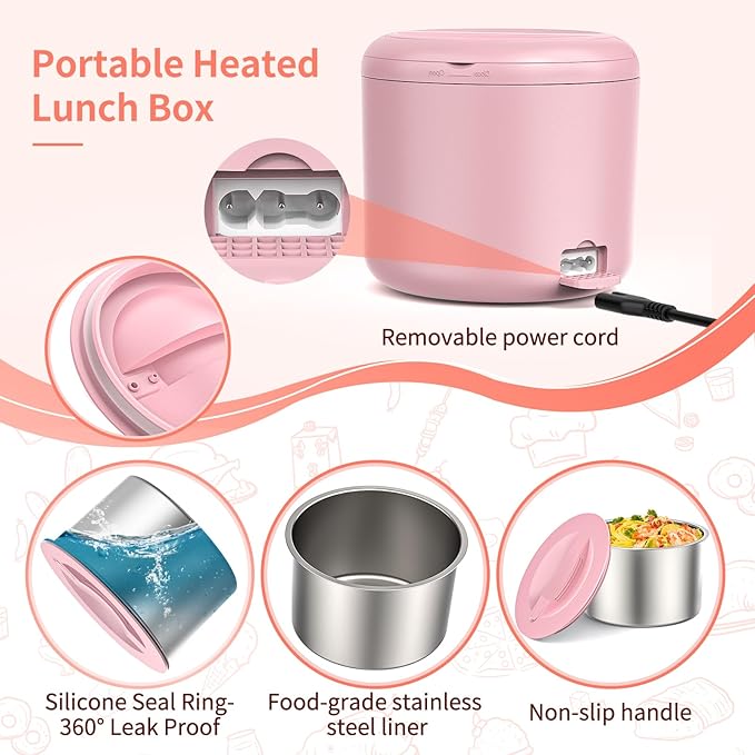 41-Ounce Electric Lunch Box 80W Heated Lunch Box, Portable Food Warmer for Work with 1.2L 304 Stainless Steel Container and 12V/24V/110V/220V Compatibility in Car Truck