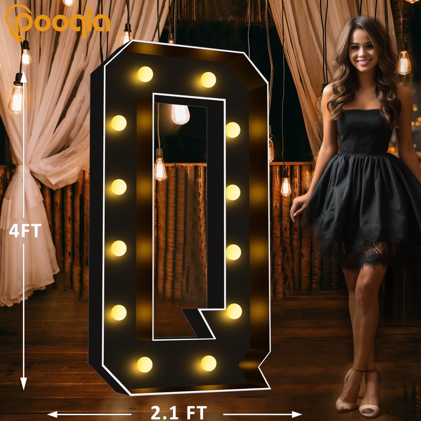 Pooqla 4 FT Marquee Light Up Letters, Black Marquee Letter Lights 4 Feet Tall, Giant Mosaic Sign Big for Balloons Birthday Party Anniversary Wedding Decorations, Warm White Letter Q