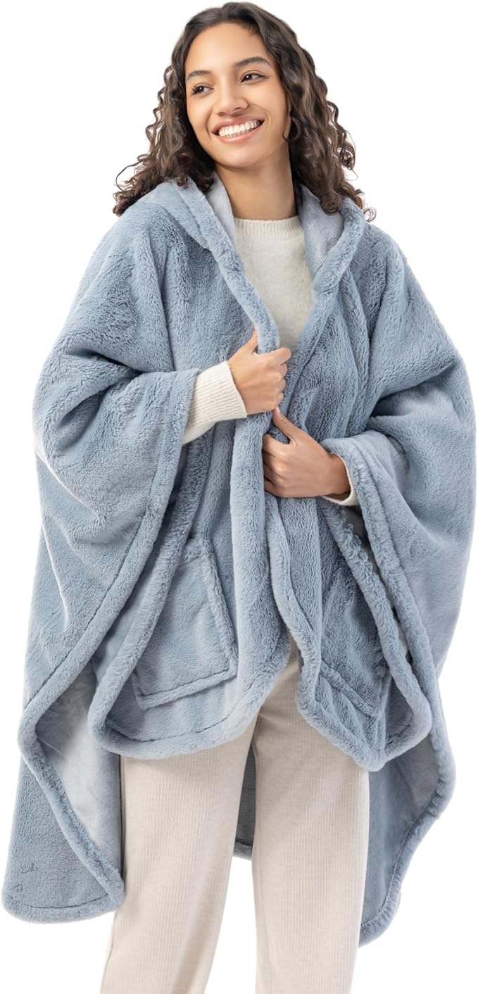 Berkshire Faux Fur Wearable Blanket, Cozy Reversible Loftmink Fleece Shawl with Hood & Side Pockets