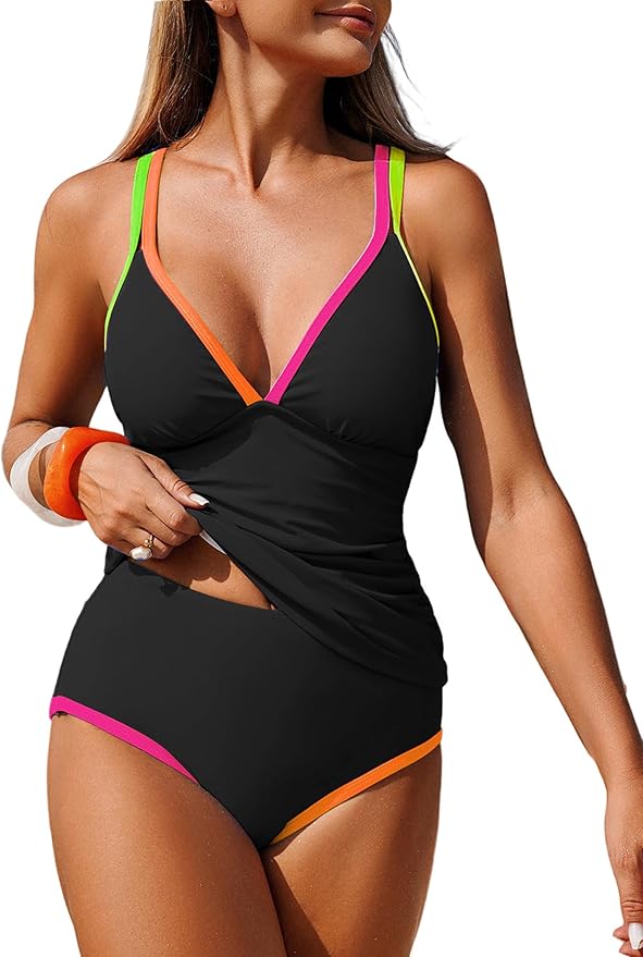 ZAFUL High Waisted Tummy Control Swimsuits Colorful 2 Piece Tankini Set Swimwear Cute V Neck Modest Summer Bathing Suit