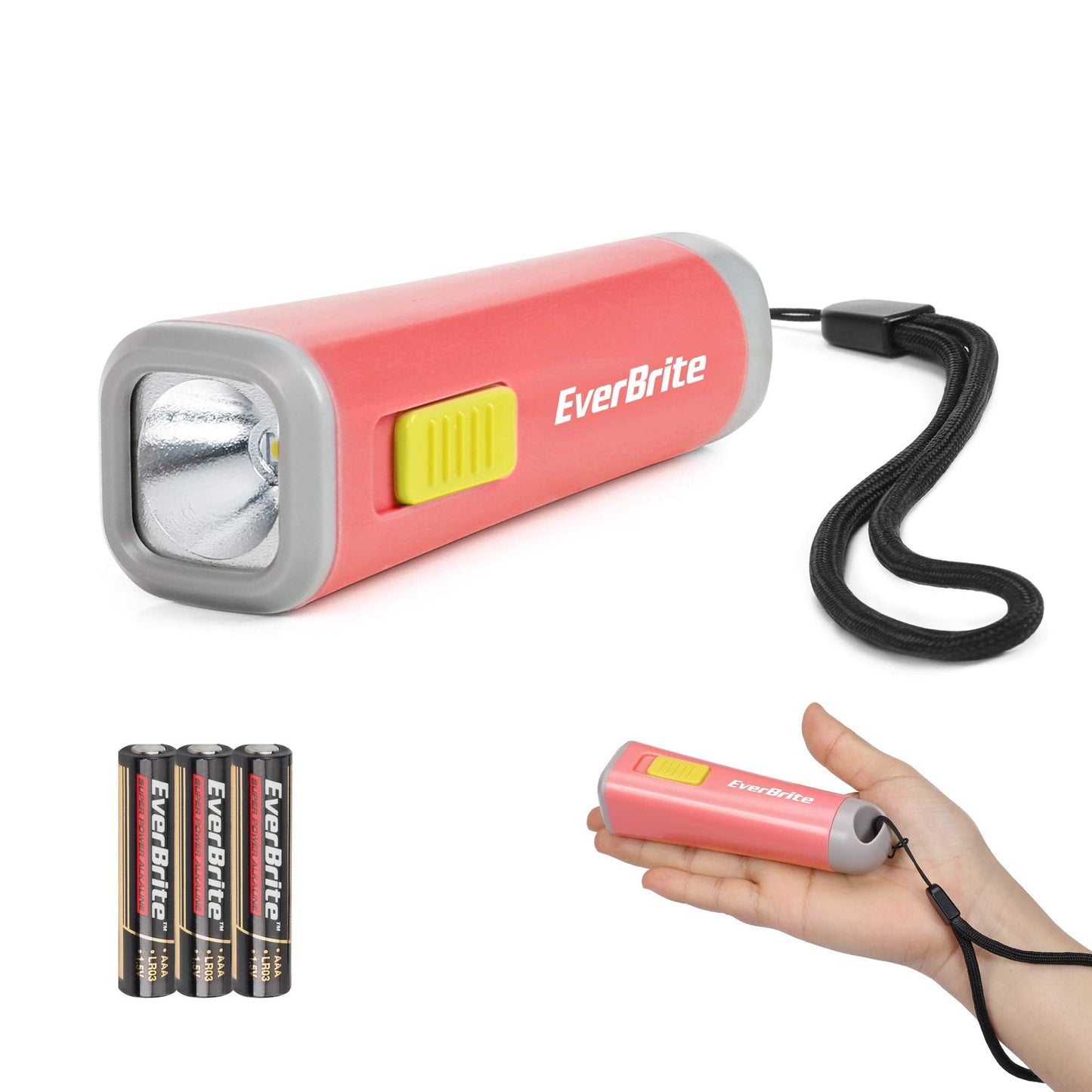 EverBrite Mini LED Flashlight, Coral, Plastic, Model E012049, Includes Lanyard, 3AAA Battery, Ideal for Camping and Emergencies