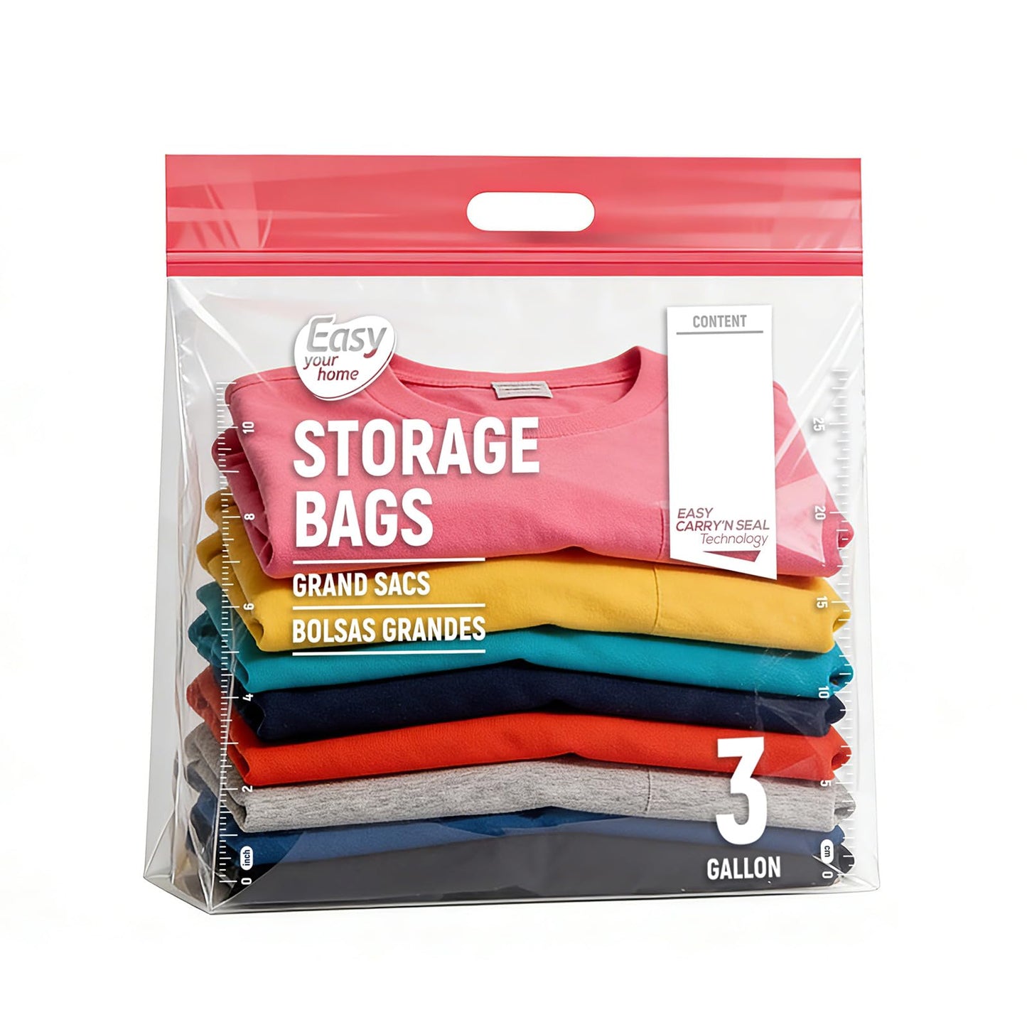 EASYYOURHOME 3 Gallon Zipper Lock Plastic Bags with Handle and Bottom,16"x18"x5'',Extra Large Size Reusable Storage Bag with Double Zip for Clothing,Travel,Moving,Beach,BPA-Free,3-Mil Thick