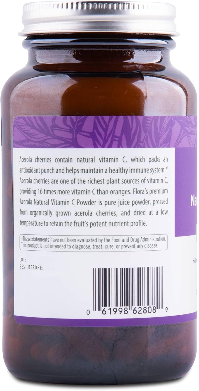 Flora Acerola Natural Vitamin C Capsules - Natural Vitamin C from Organic Acerola Cherry - Antioxidant Punch for Immune Support - Vegan, Non-GMO & Gluten Free - 120 Vegetarian Capsules