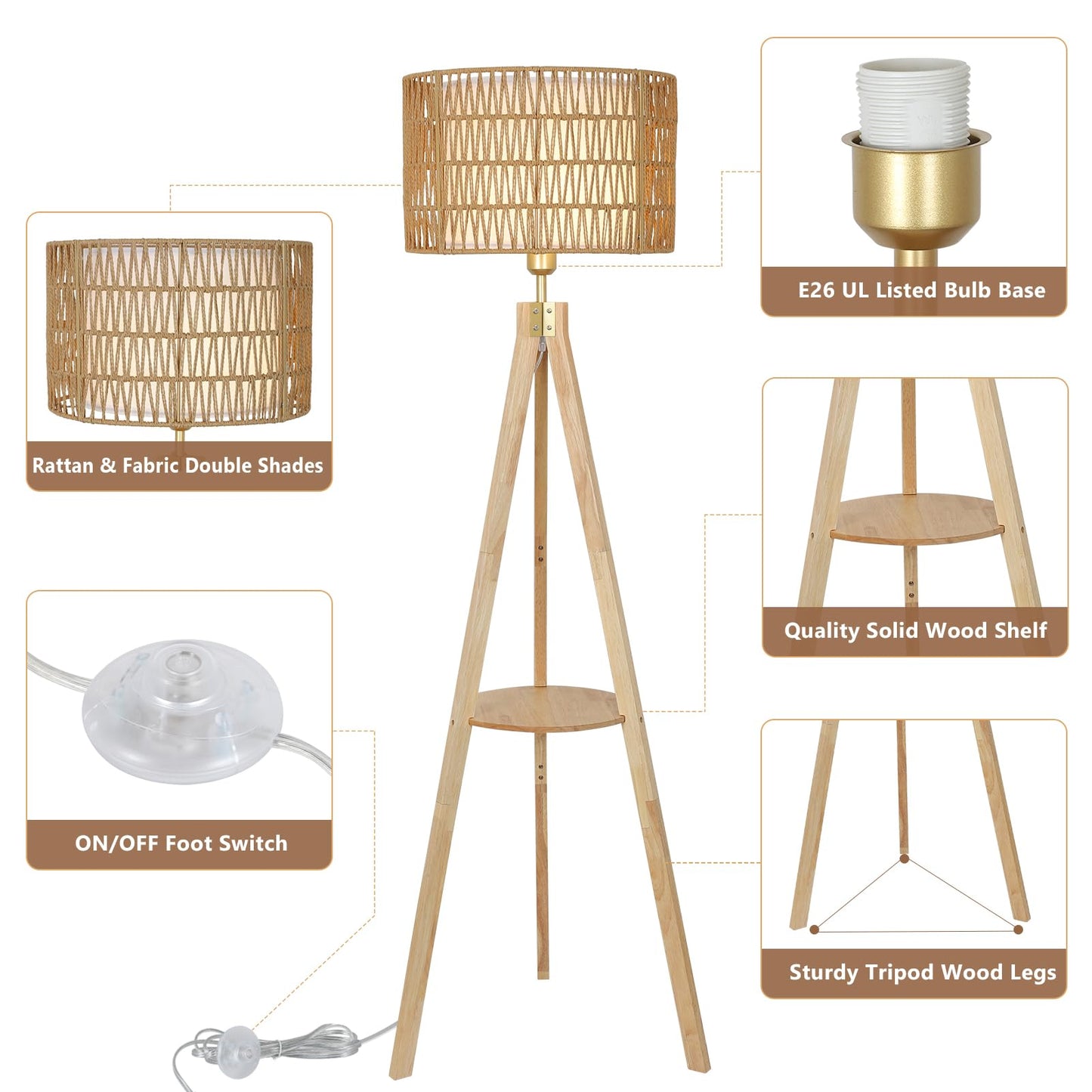 LAMSU Oak Wood Tripod Floor Lamp, Boho Style with Shelves, Fabric Shade, Model 230705D1, Log Color