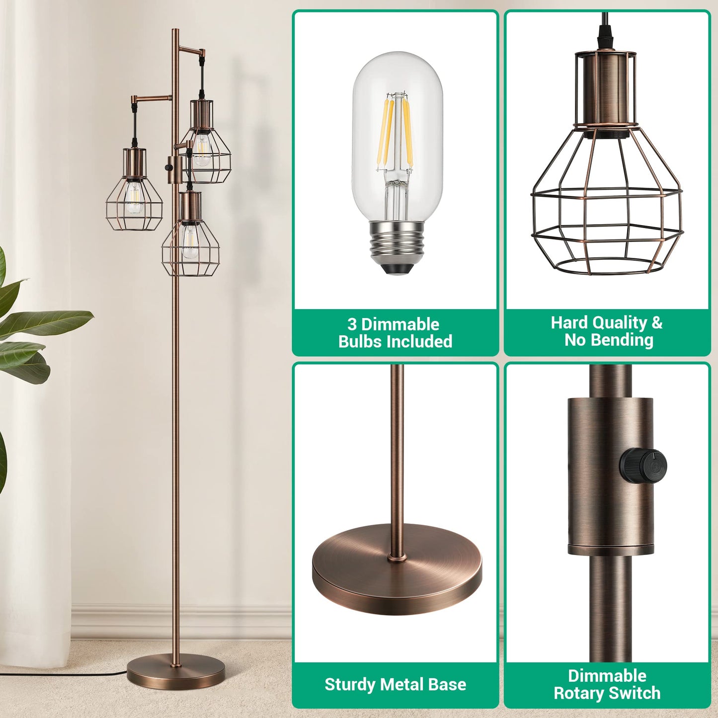 Edishine Dimmable Industrial Floor Lamp, Rustic 65In Metal Standing Light, Brown, Includes 3 Led Edison Bulbs, Perfect For Living Room/Bedroom