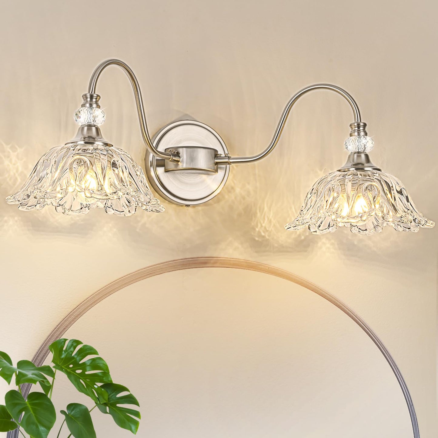 Sunkryster Brushed Nickel Bathroom Vanity Light  2-Light Vanity Light With Floral Clear Glass Shades  Nickel Wall Mount Lighting For Bathroom  Dressing Table