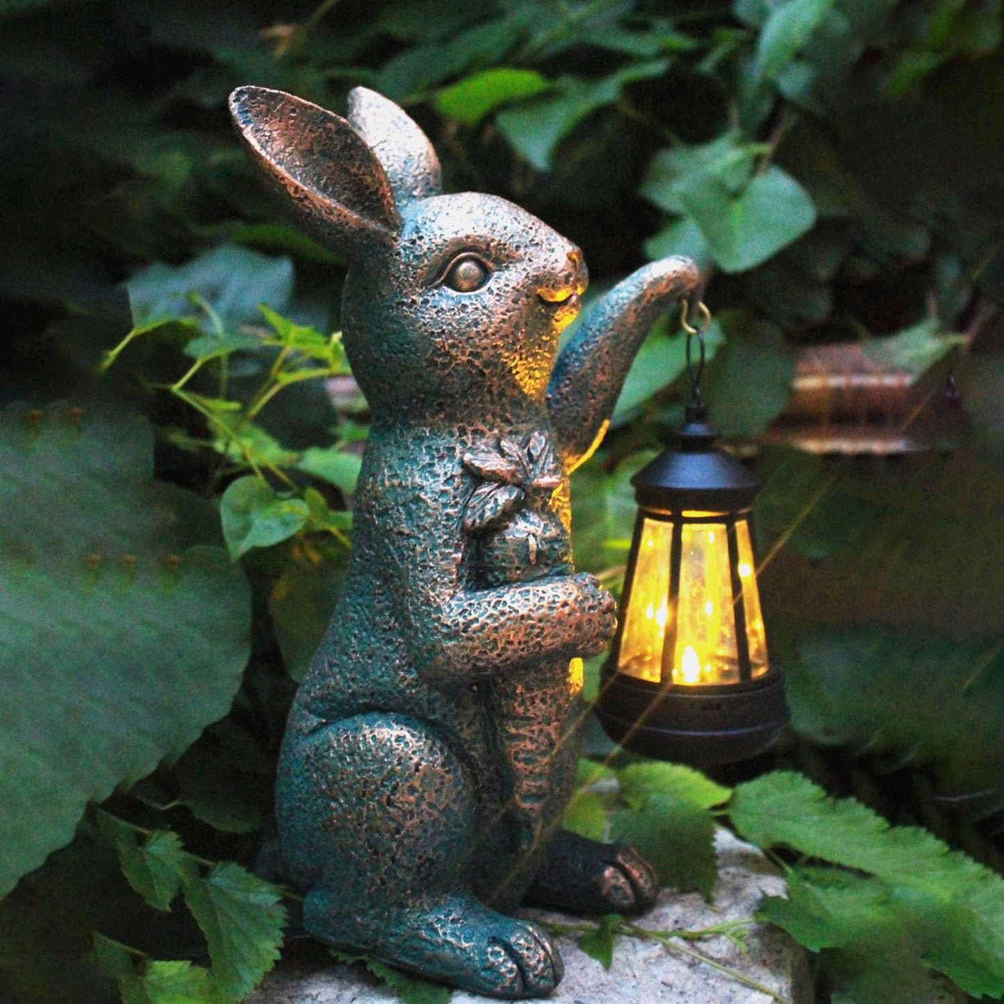 Solar Garden Statues -Rabbit Lantern Outdoor Handmade Resin Statue With Led Light  Cute Carrot Holder For Patio  Yard  Gift Ideas (Rabbit2)