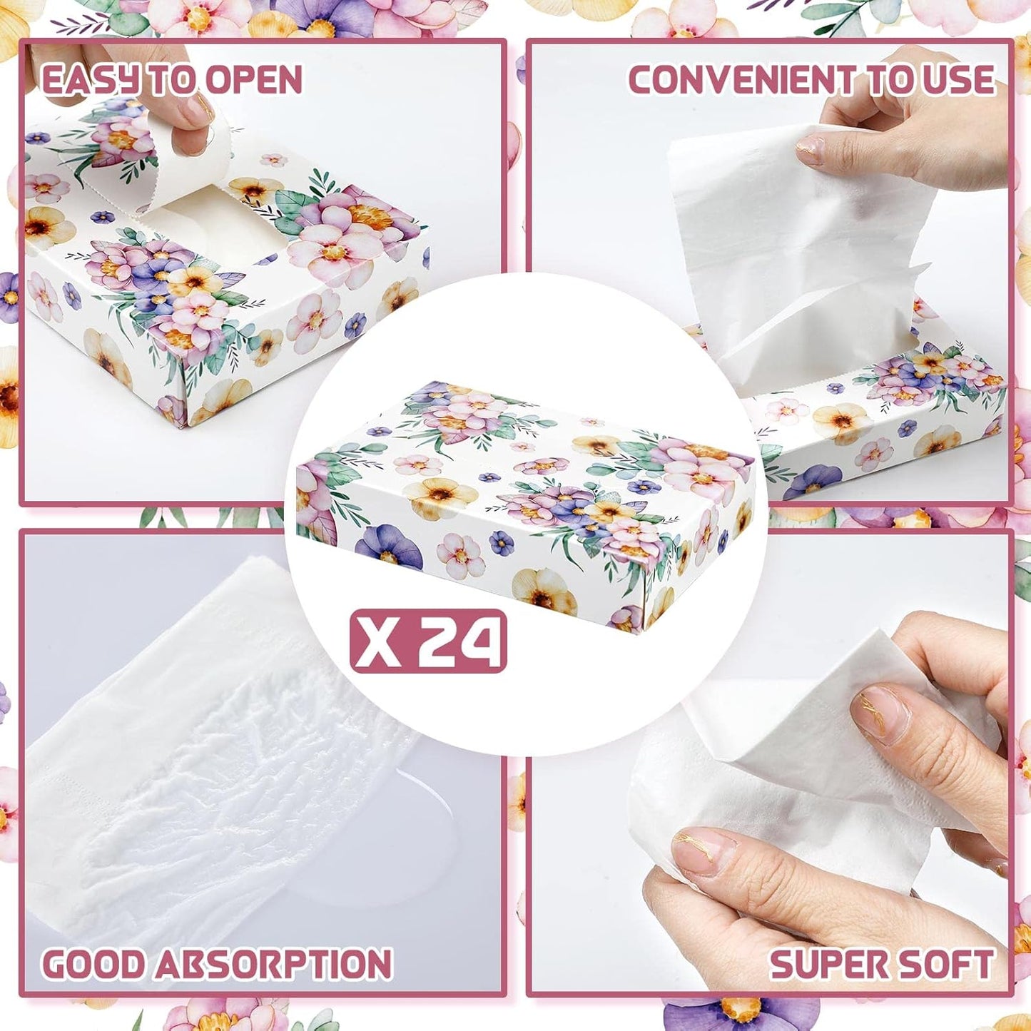 Yinder 24 Packs 960 Sheets Tissue Cube Car Facial Boxes Disposable Facial Travel Tissues Holder Soft Watercolor Boxes 2 Ply 40 Sheets for Wedding Household Car Kitchen Bathroom(Flower)