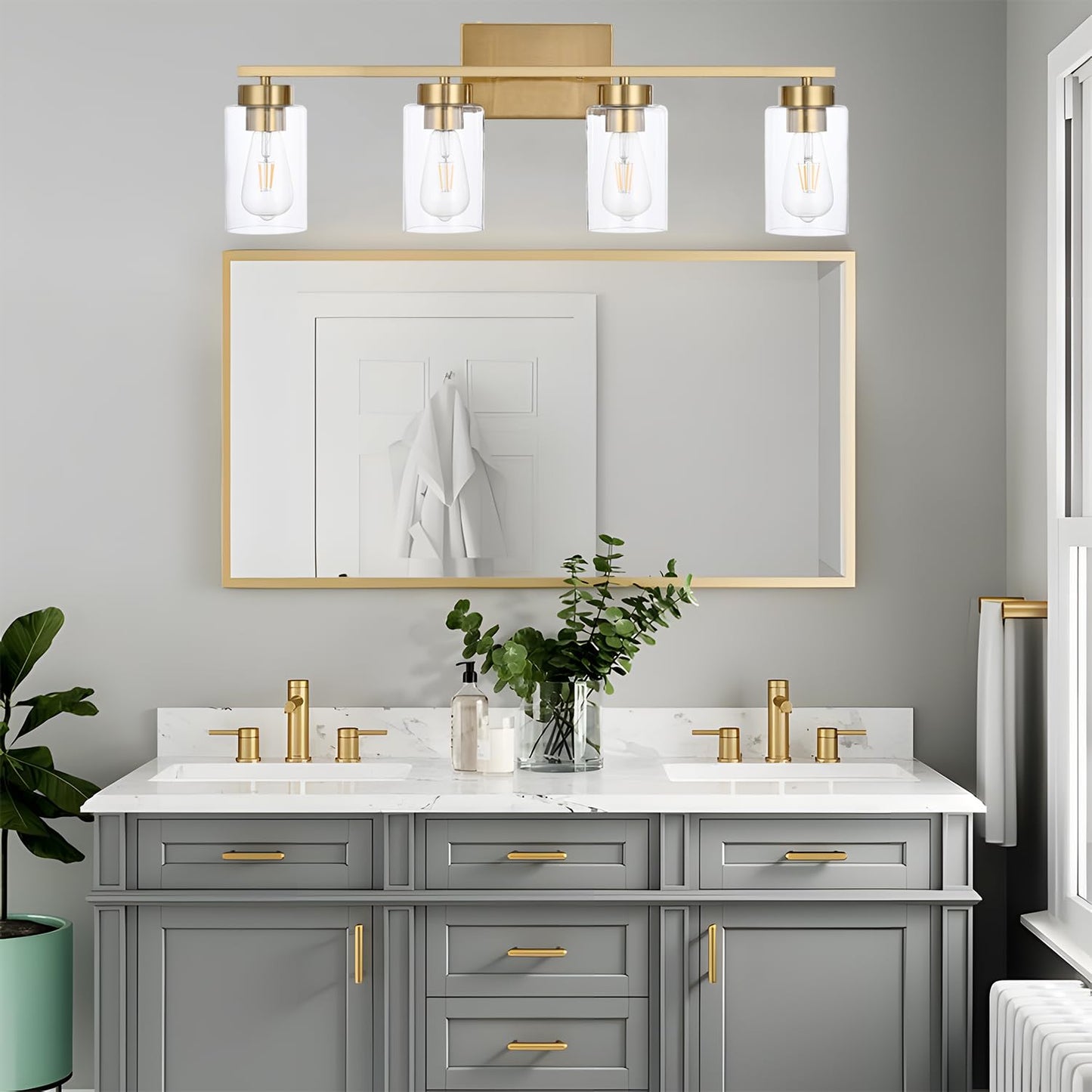 A1A9 4 Light Bathroom Vanity Light Fixtures, Brushed Brass Modern Wall Lights with Clear Glass Shade, Vintage Wall Sconce Lighting for Living Room, Mirror, Bedroom, Hallway (Gold, 4-Lights)