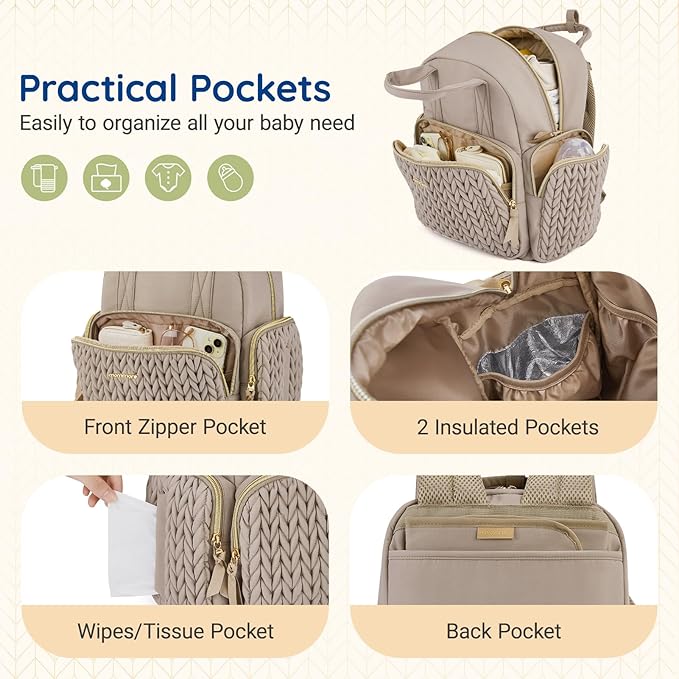 mommore Diaper Bag Small Diaper Backpack Stylish Baby Travel Backpacks with Insulated Pockets, Changing Pad, Stroller Straps