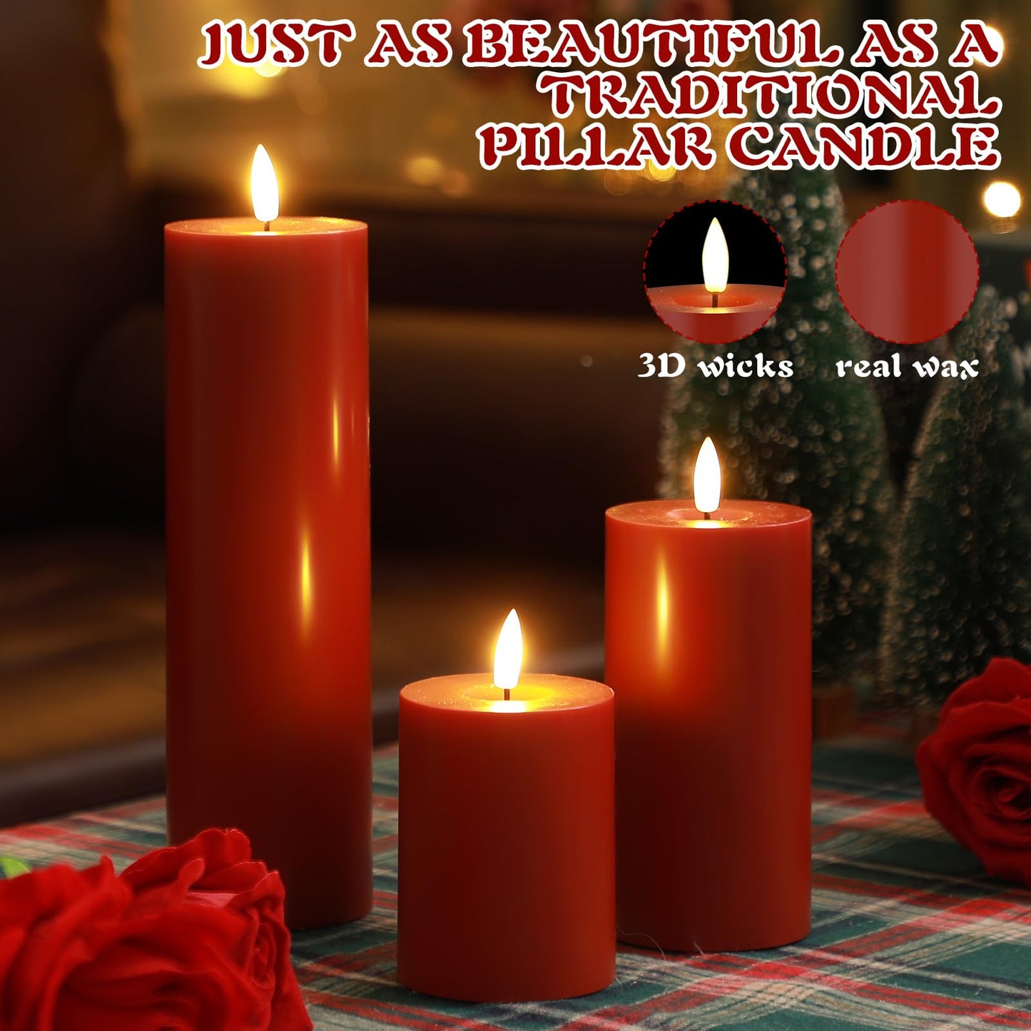 Retisee 3 Pcs Christmas Red Large Flameless LED Battery Operated Candles with Remote Xmas Pillar Flameless Flickering Candles for Indoor Outdoor Santa Party Wedding Light Decor(4''/6''/10'' x 3'')