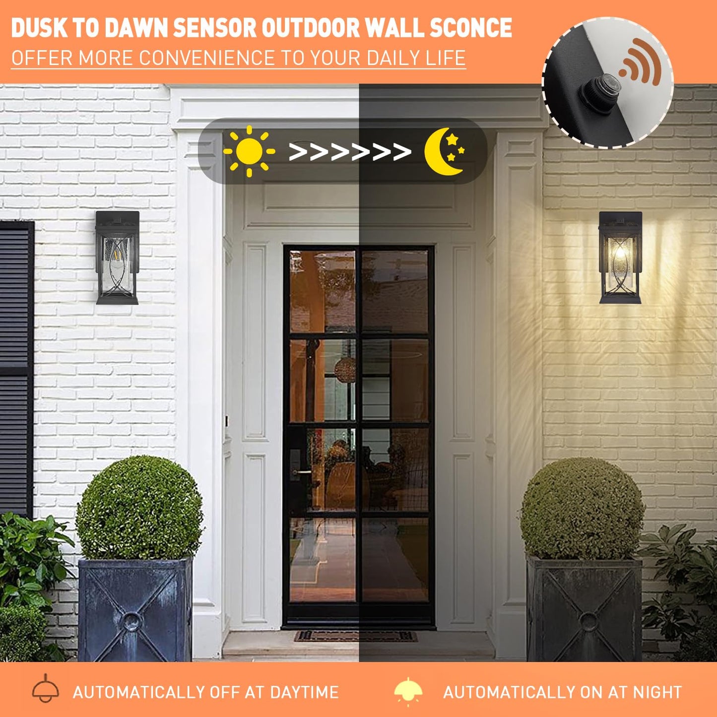 Delicavy Outdoor Wall Lantern - Small Modern Aluminum Light Fixture, Black with Dusk to Dawn Sensor, Waterproof for Porch, Garage, Front Door