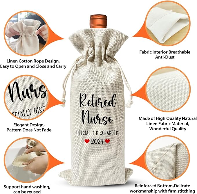 Retired Nurse Gift Wine Bag, Retired Nurse Officially Discharged 2024, Retirement Party Gift or Decoration, Nurse Day Nurse Week Gift For Coworker Mother, Reusable Linen Wine Bag