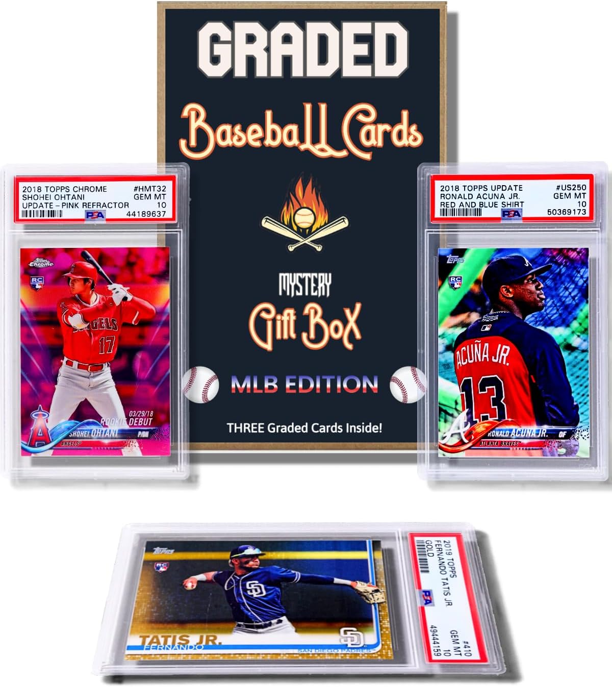Three Graded Baseball Cards Gift Box: MLB Edition │Three Premium PSA/BGS Graded 10, 9.5 or 9 Cards │Potential Rookie Autographs & Numbered RC Refractors│Gift for Baseball Fans│by Slabs of Heat