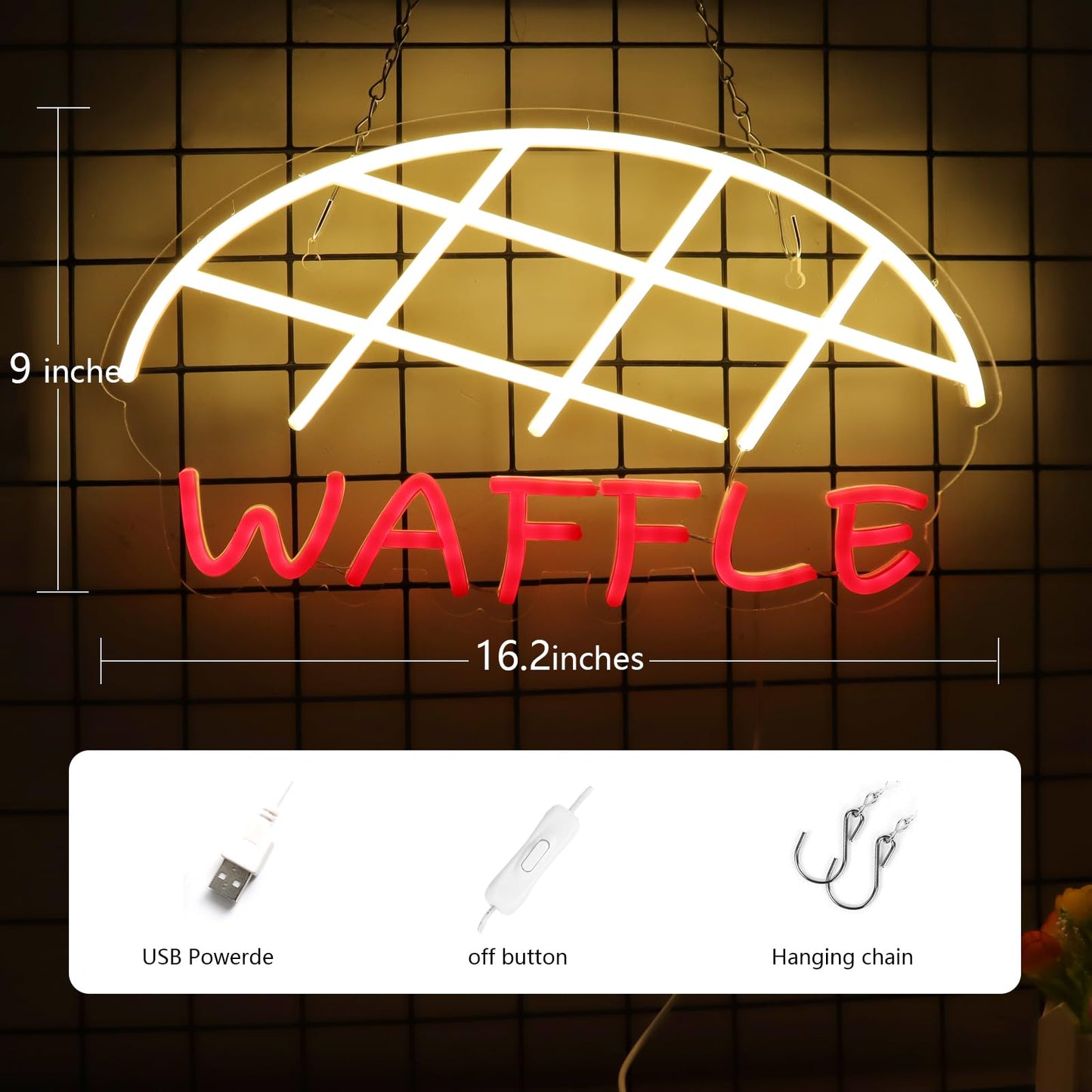 JFLLamp Neon Wall Sign for Bedroom, 16.2x9 Inch, Warm White & Red, Model NS-Waffle-001, Plastic Material, Waffle Color