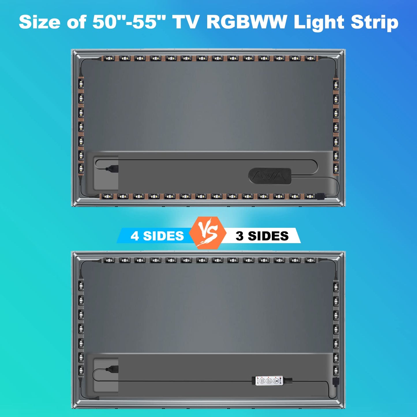 Tatazone Bluetooth RGBWW LED Lights for 50-55 Inch TV With App Control, RGB+Tunable White 3000K-6500K Backlight With RF Remote, Music Sync Indoor for Gaming