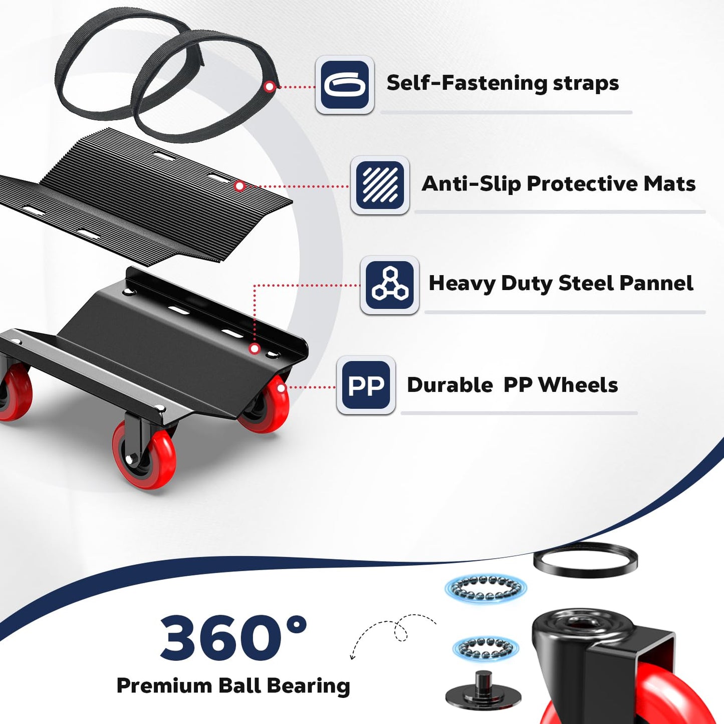 Snowmobile Dolly Heavy Duty with 3 Inch Caster Wheels,Sled Dollies Set of 3 Holding Up to 1660 LBS,V-Slide Steel Dollies with Full Rubber Pad Protecting Ski,and 2 Pairs of Straps Attaching on Skis