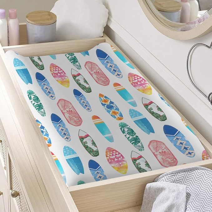 Colorful Surfboards Baby Changing Pad Covers for Boy Girl 32''x16'' Hawaiian Tropical Beach Surfing Fitted Diaper Change Table Mats Boho Summer Ocean Sports Soft Nursery Cradle & Bassinet Sheets
