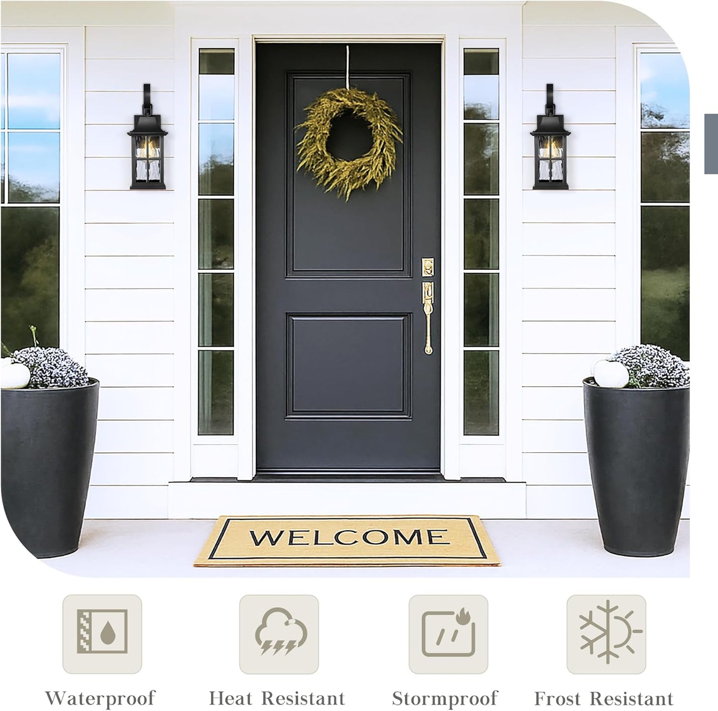 Emliviar Vintage Front Door Light Fixture Outside, Black 15.4 Inch Outdoor House Light Wall Mount with Water Ripple Glass for Yard, YXE306B BK-SW