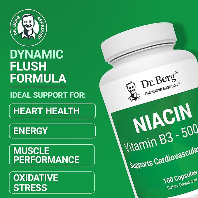 Dr. Berg Niacin 500mg with Flushing for Heart Health & Energy Support* - 100-Day Supply Vitamin B3 Niacin from Dr. Berg Recommended Nicotinic Acid - 100 Capsules