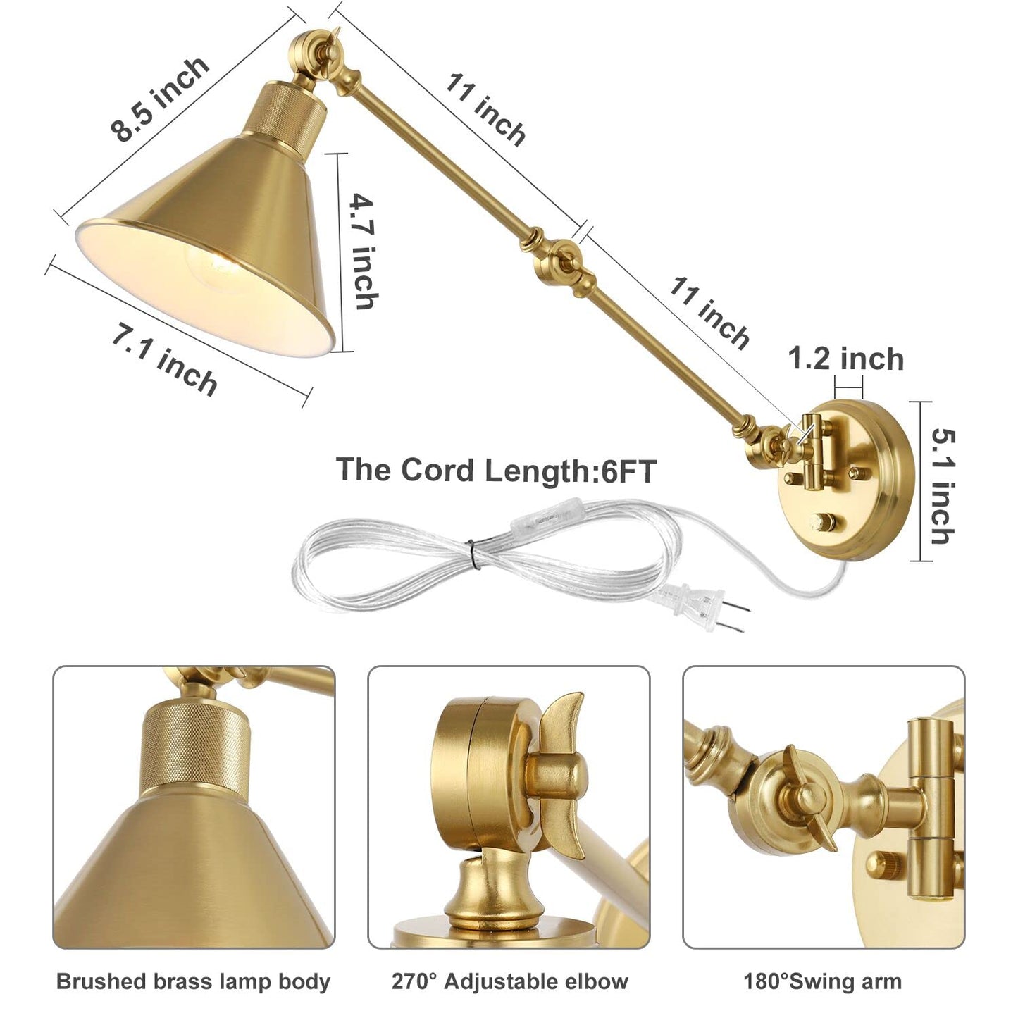 TRLIFE Wall Sconce, Brushed Brass, Dimmable, Swing Arm, E26 Base, Plug-in, 1 Pack