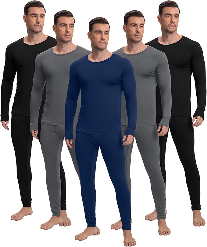 Patelai 5 Sets Men's Thermal Underwear Fleece Base Layer Set Winter Base Layer Cold Weather Top Bottom