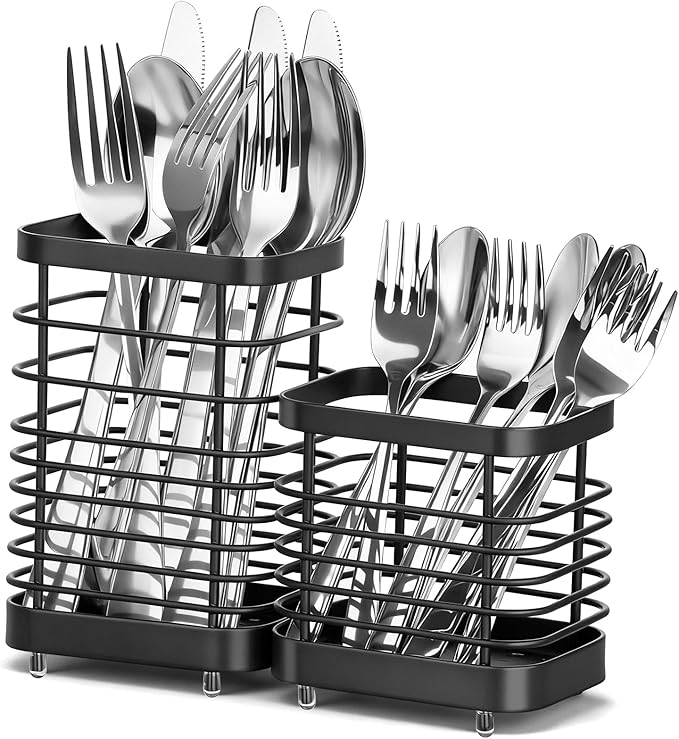 Utensil Holder, Stainless Steel Utensil Drying Rack for Kitchen Counter, Silverware Cutlery Flatware Holder Forks, Knives, Spoons, Chopsticks Organizer (Black, Tall & Short)