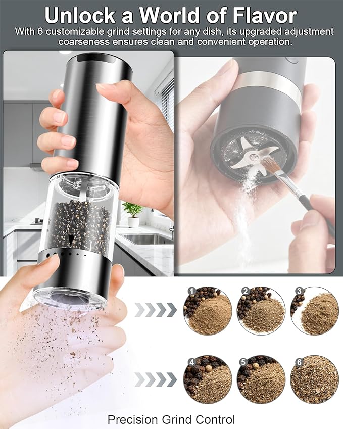 Electric Salt and Pepper Grinder Set | 6-Grind Settings & Top Anti-Misoperation Design | Electric Salt and Pepper Shakers with Detachable Base & Visual Container | for Kitchen, BBQ etc