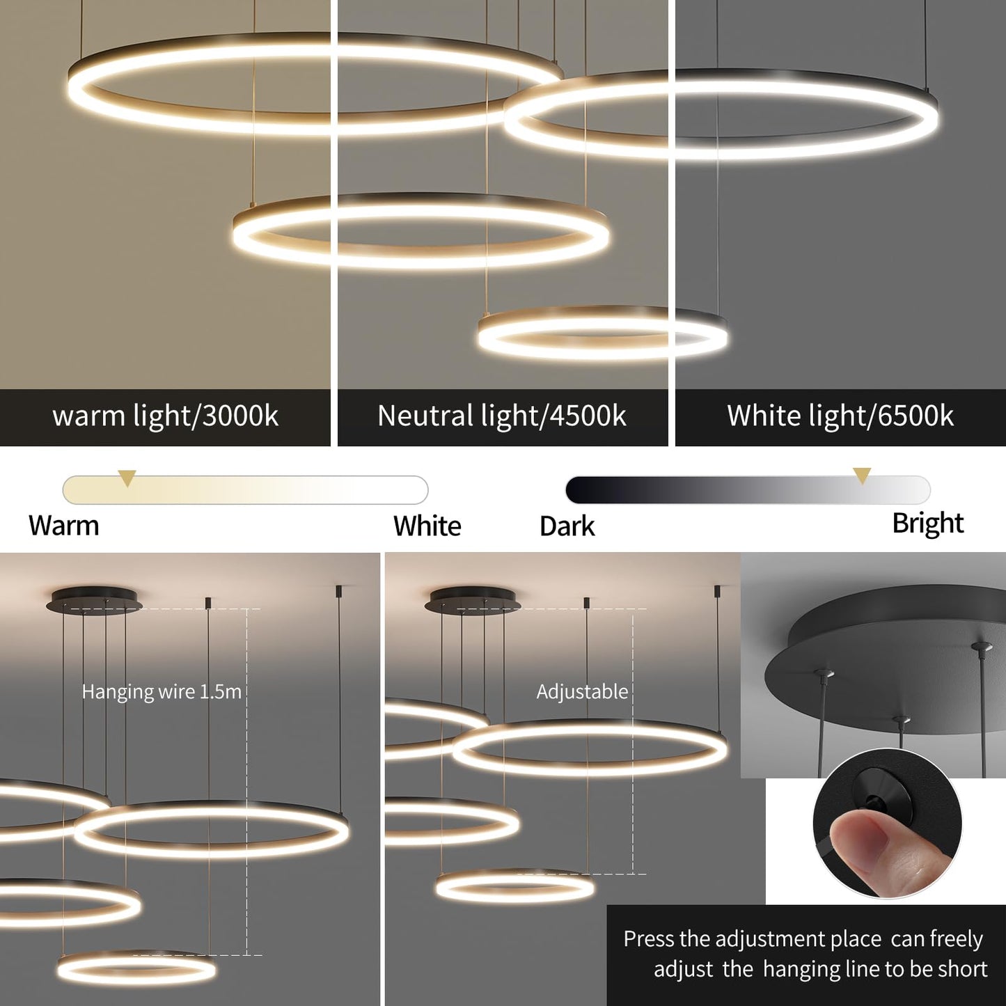 Matven Modern Dimmable Chandelier Light, Remote Control, 3 Color Modes, 15.7x23.6x31.4x39.3in, Black, Model KD-Y