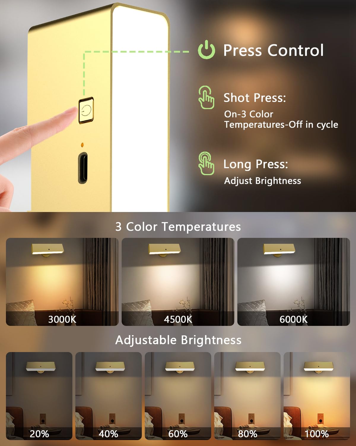 Battery Powered Wall Sconce Lights Set Of Two: Gold Rechargeable Wall Lights With Remote  Wireless Led Wall Mounted Lights  360?Rotation Magnetic Cordless Scone Lighting For Bedroom Living Room