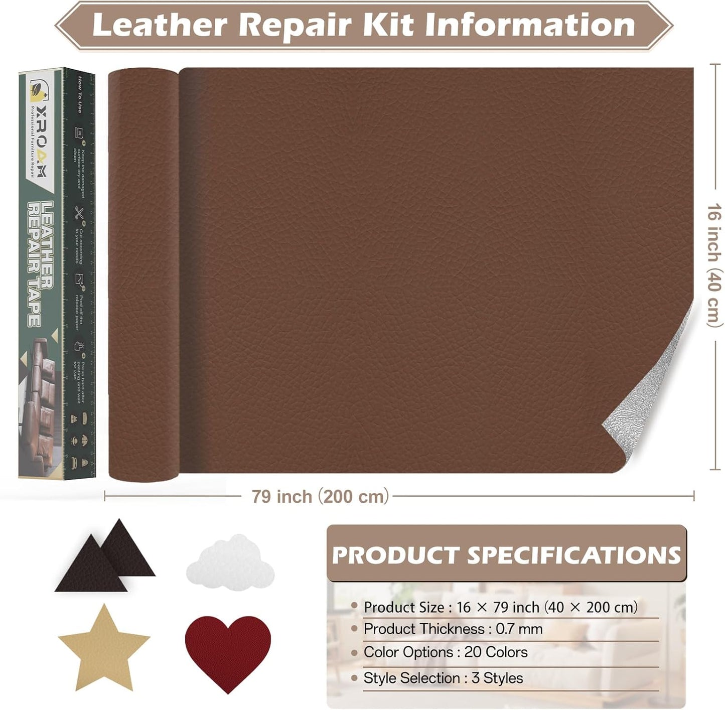 Leather Repair Tape, 16x79 inch Leather Patches for Furniture, Self Adhesive Leather Repair Patch for Sofas, Couches, Leather Covers, Seats, Chairs, Vinyl Repair Tape Beige