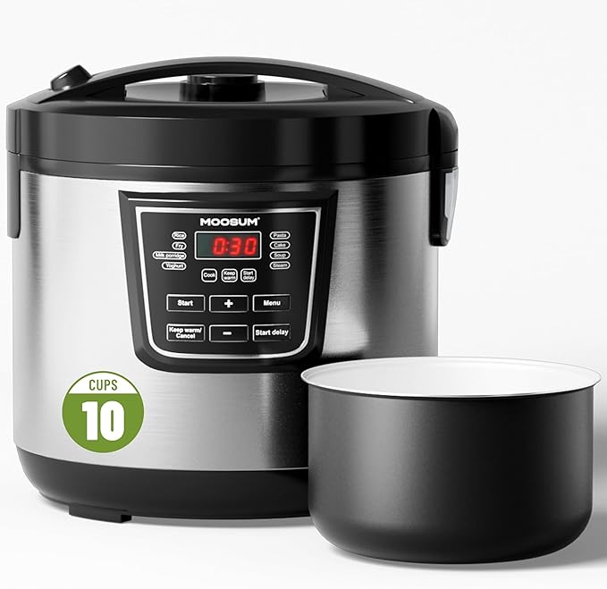 20 Cup Cooked (10 cup uncooked) Rice Cooker with 8 Functions, Healthy Cooking Ceramic Coating Pot, Removable Inner Cover with Steamer, Silver