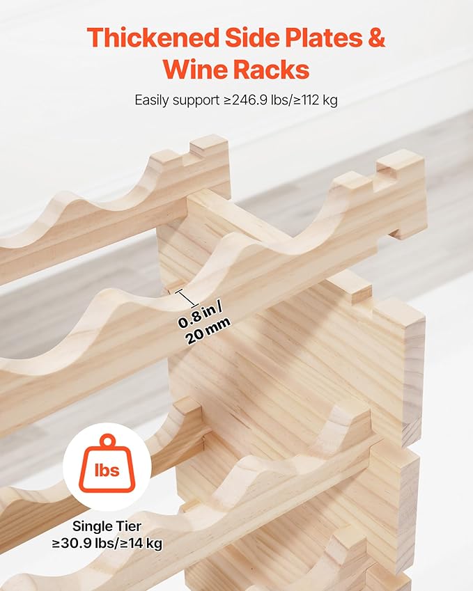 VEVOR 96 Bottle Stackable Modular Wine Rack, 8-Tier, Floor Freestanding Wine Storage Rack, Solid Wood Wines Display Shelf, Wobble-Free Shelves, Easy Assembly, for Kitchen, Cellar, and Bar, Natural