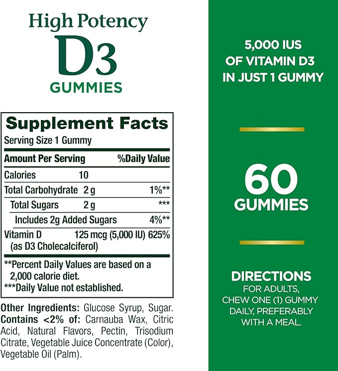 Nature's Bounty Vitamin D 5000 IU Gummies, Vitamin D3 High Potency Immune Support & Bone Health Supplement, 5000 IU in 1 Gummy, Strawberry Flavor, 2 Month Supply, 60 Vegetarian Gummies for Adults