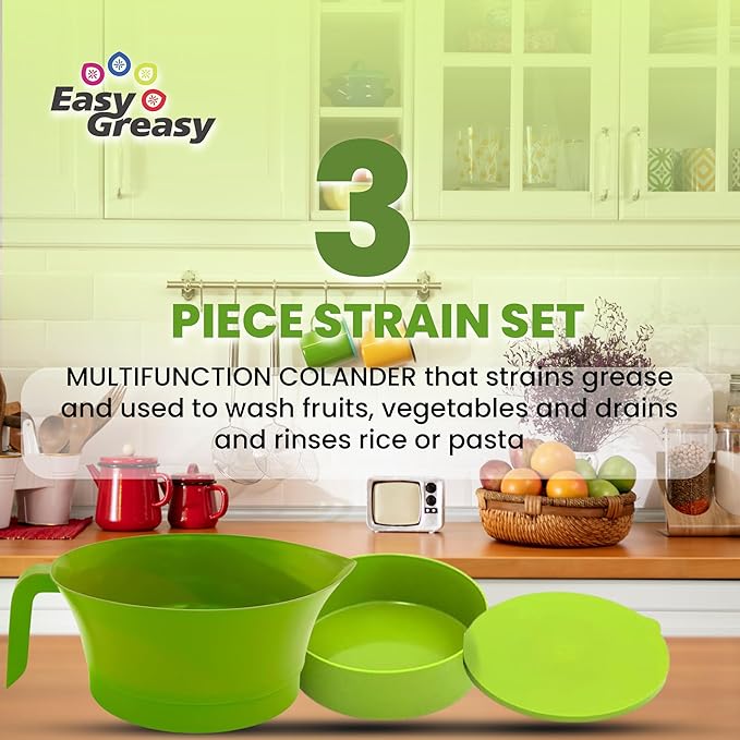 3-Piece Colander Grease Strainer Set – Green Grease Separator with Handle, Container & Lid – Strains Bacon, Pasta, Ground Beef – BPA-Free Kitchen Gadget