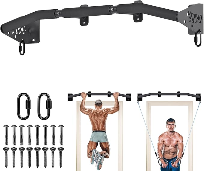 SELEWARE Heavy Duty Wall Mount Pull Up Bar for Doorway, Joist/Beam Mount Chin Up Bar with Resistance Band Hooks, Sturdy St...