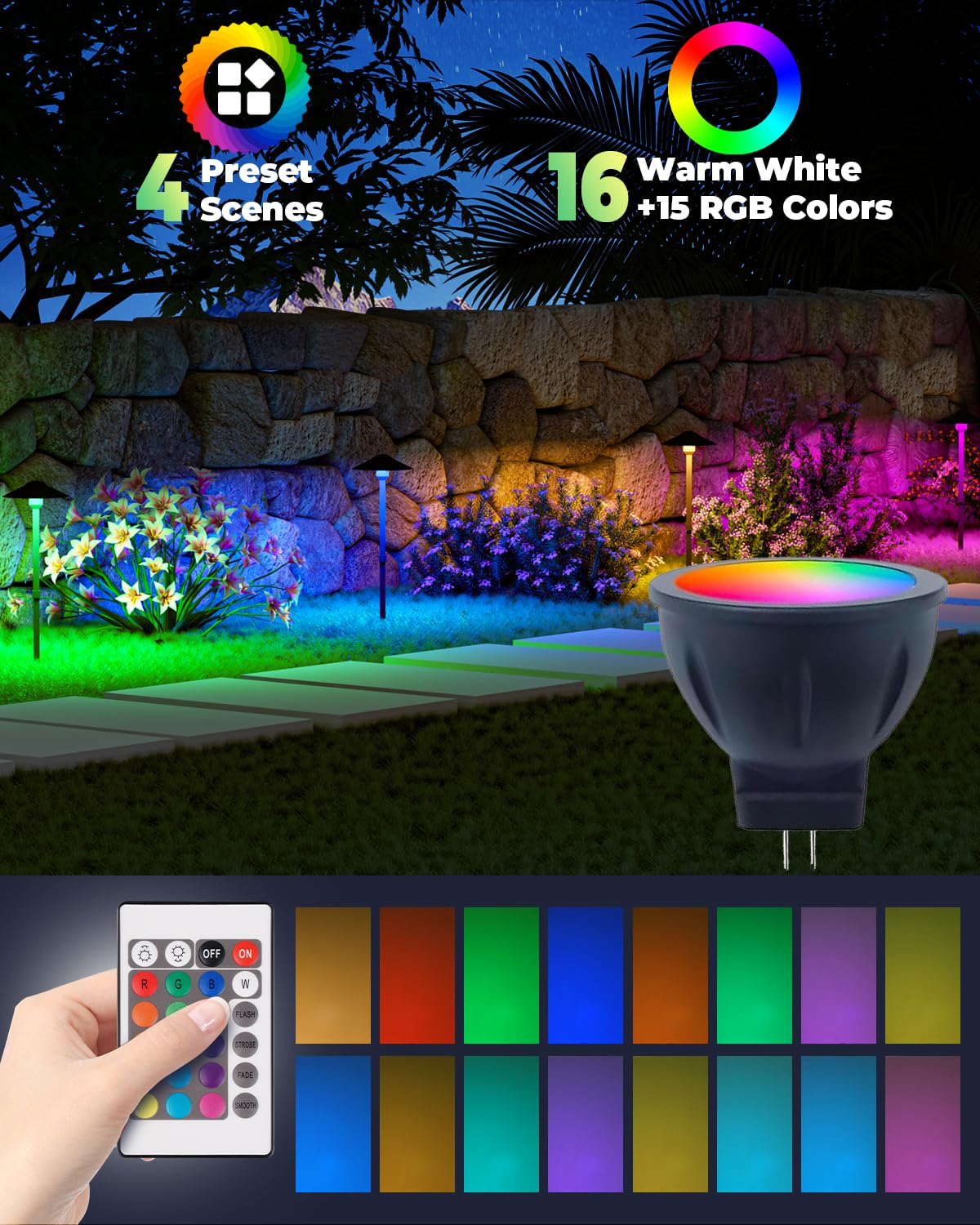Makergroup MR11 LED Bulb, RGB + Warm White, 3W, Dimmable, 12V, 3 Pack