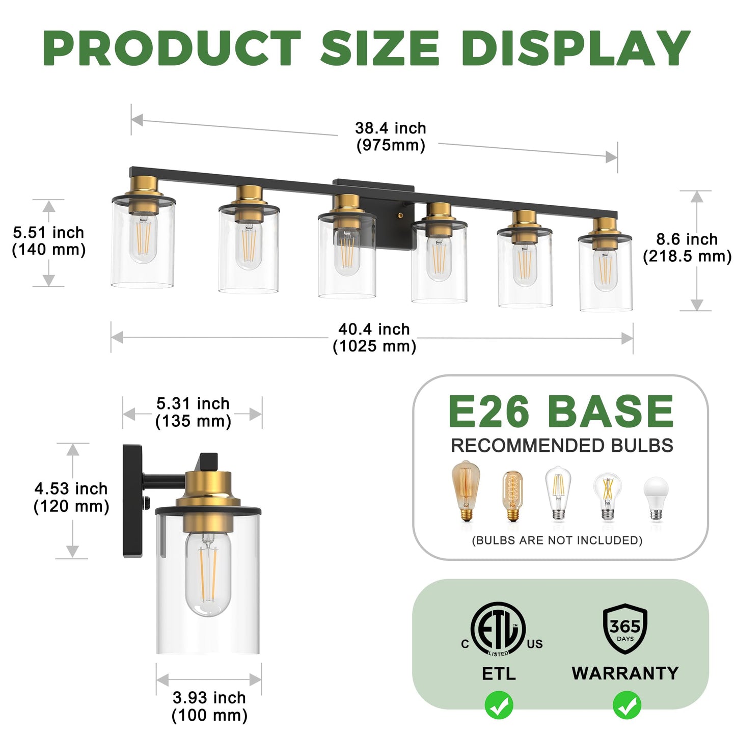 Doresshop Bathroom Light Fixtures  6-Light Gold And Black Bathroom Lighting Fixtures Over Mirror With Clear Glass Shade  Vanity Lights For Hallway Living Room Bedroom