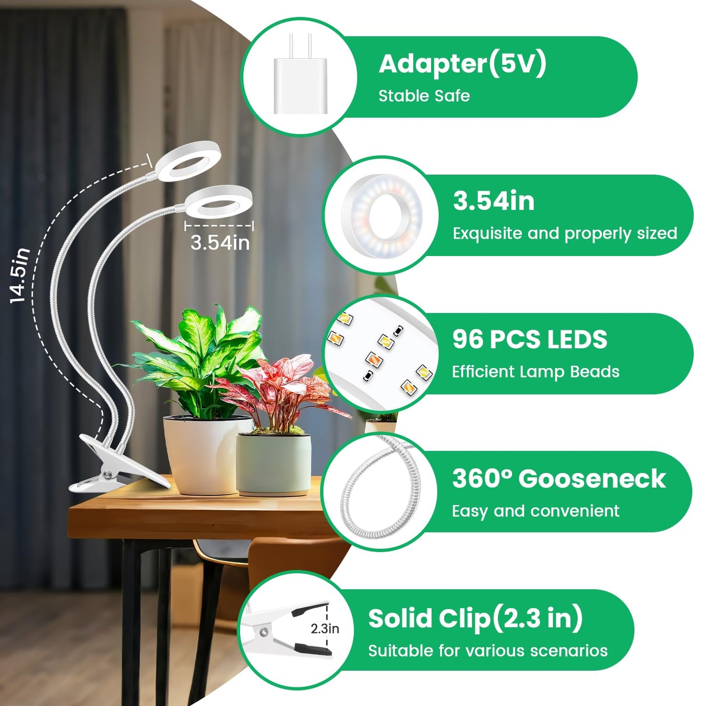 Wiaxulay Grow Lights For Indoor Plants  96 Led Full Spectrum Halo Plant Grow Light With Clamp  Clip On Grow Lamp With Auto Timer 6/12/16 Hrs  3 Lighting Mode  5 Brightness  Two Head  White (3.5In)