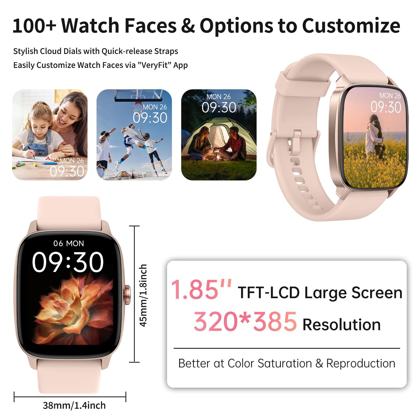 YMZ Smart Watch for Men Women, IP68 Waterproof, Bluetooth Calling, Fitness Tracker, Sleep Monitoring, 1.85'' DIY Dial, AI Built-in, 7 Days Battery, Compatible with Android & iOS