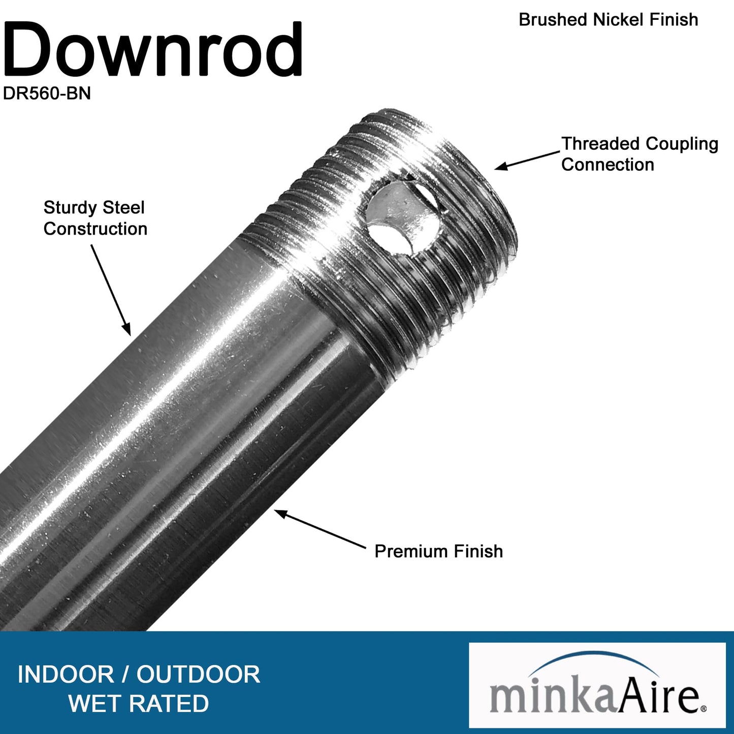 Minka-Aire 60 Inch Ceiling Fan Downrod - Brushed Nickel - Dr560-Bn