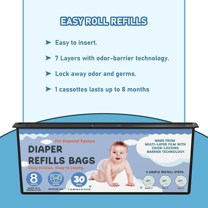 Diaper Pail Refills Bags with 30 Bags Compatible with Genie Easy Roll Signature Diaper Pails and Platinum Diaper Pails, Lasts Up to 8 Months, 7-Layer Odor-Barrier Technology, 3 Pack (90 Bags)