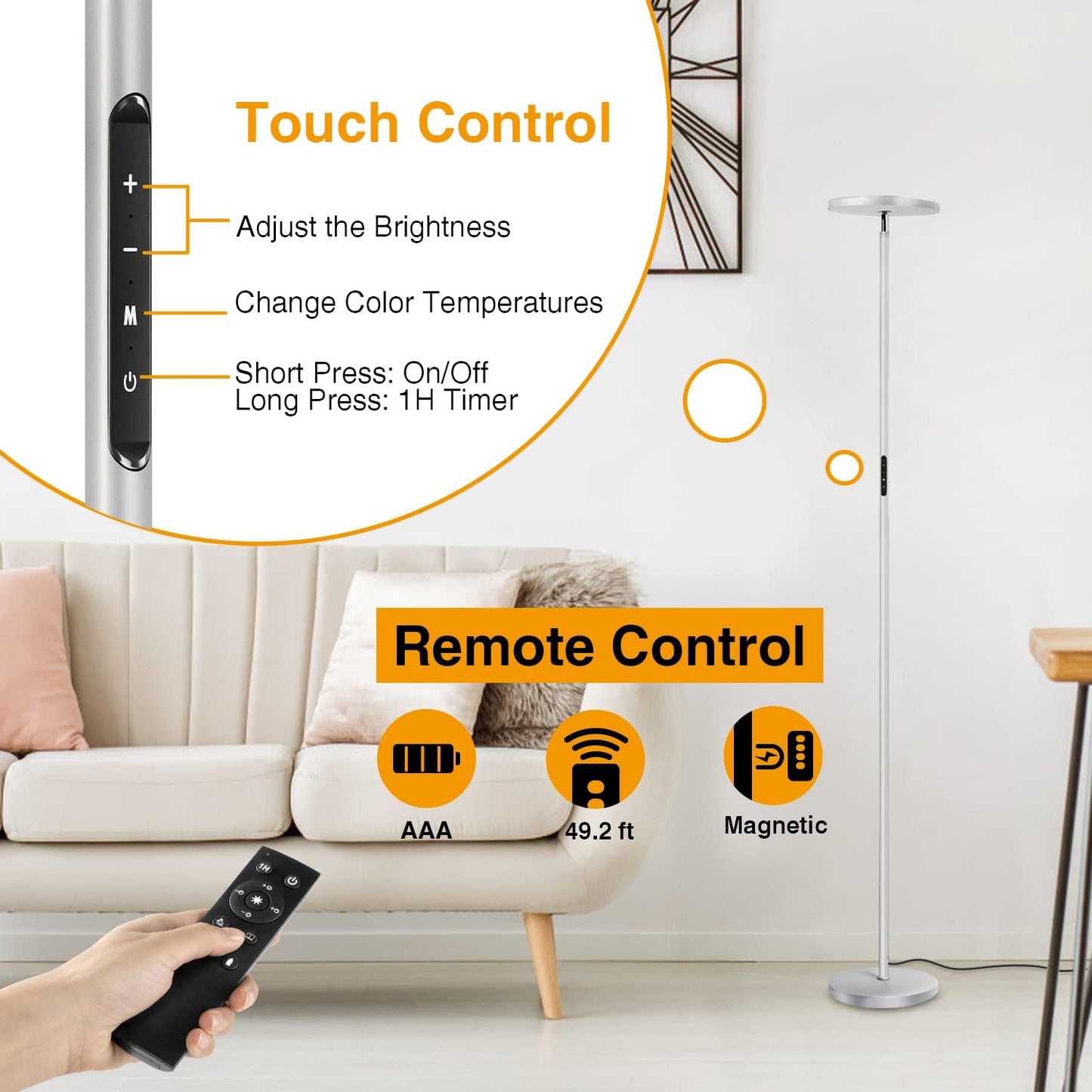 OUTON Floor Lamp, 30W LED Modern Torchiere, Dimmable, 4 Color Temperatures, Remote Touch Control, Silver Grey, Model H10005-SGY-US
