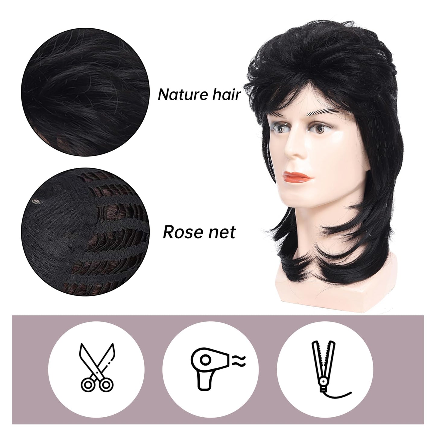 Lotfon Mullet Wigs for Men Joe Dirt Emo Wig 80s Costumes Fancy Party Accessory Cosplay Wig Halloween Man x (Black)