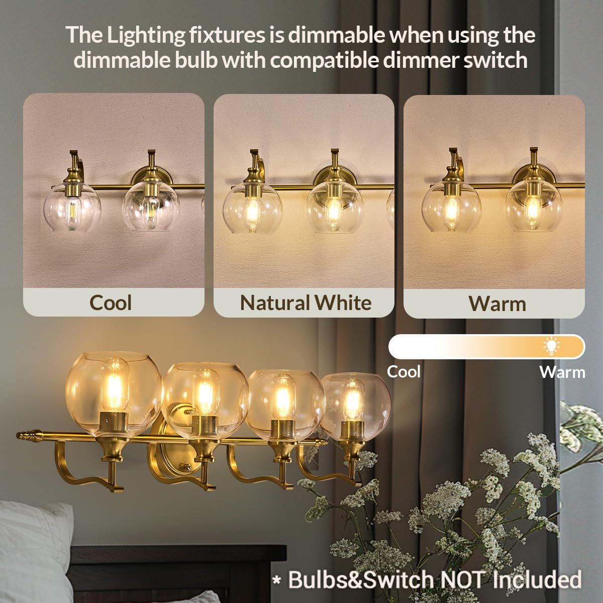 Andy Star Brass Vanity Light  Gold Bathroom Light Fixtures 4 Lights  27.8 Inch Vintage Bathroom Sconces  Brushed Brass Vanity Lighting With Globe Clear Glass Shade  E26 Base (Bulbs Not Included)