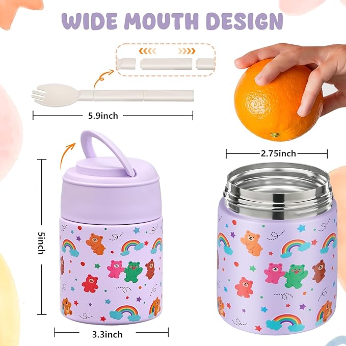 10oz Soup Thermo for Hot Food Kids Insulated Food Jar Container with Spoon Width Mouth Stainless Steel Leak Proof Thermo Lunch Box for School Travel