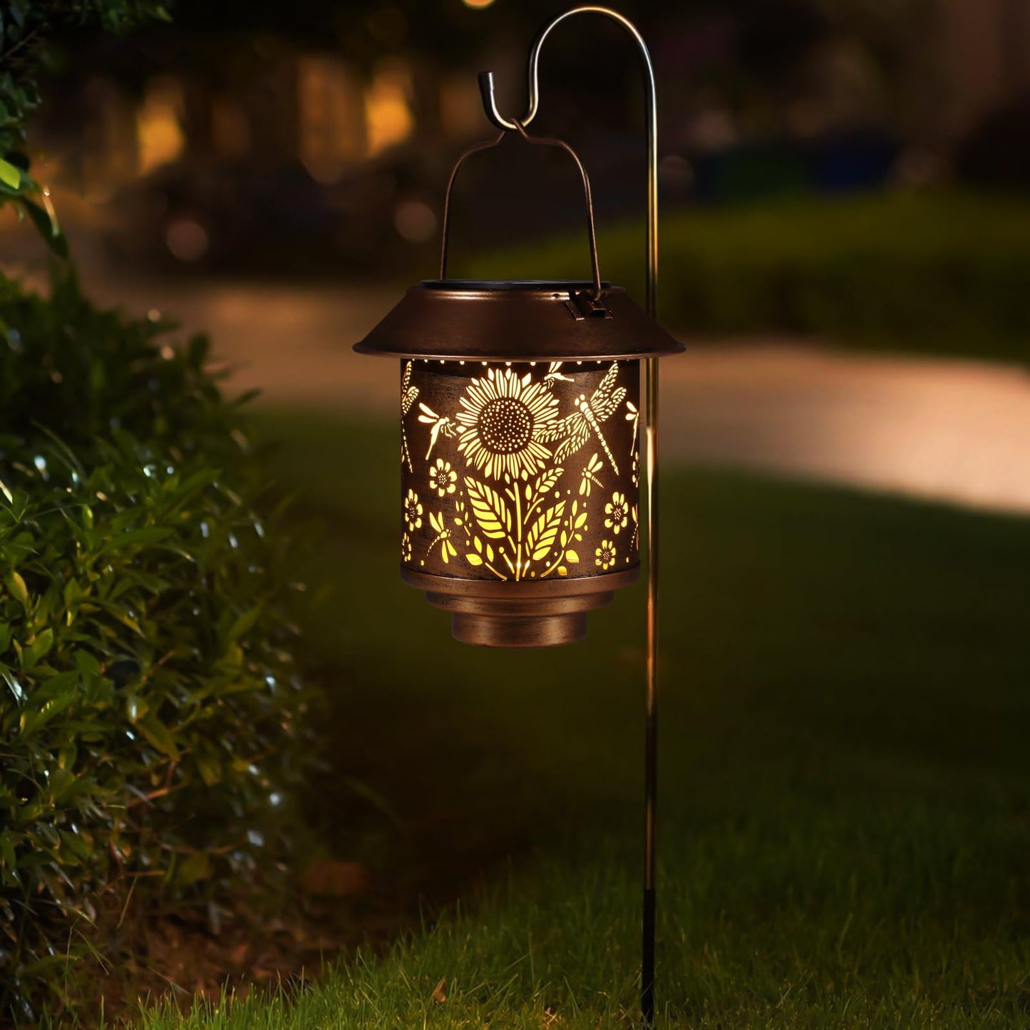 Solar Lantern Outdoor Hanging Sunflower Lights Gifts For Women Mom Metal Garden Decor Outside Waterproof Led Lanterns For Patio(Dragonfly + Sunflower)