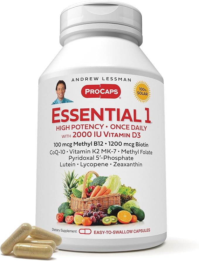 ANDREW LESSMAN Essential-1 Multivitamin 2000 IU Vitamin D3 30 Small Capsules - 100 mcg Methyl B12. CoQ10 Lutein Lycopene Zeaxanthin. High Potency. No Additives. Ultra-Mild. One Daily Capsule