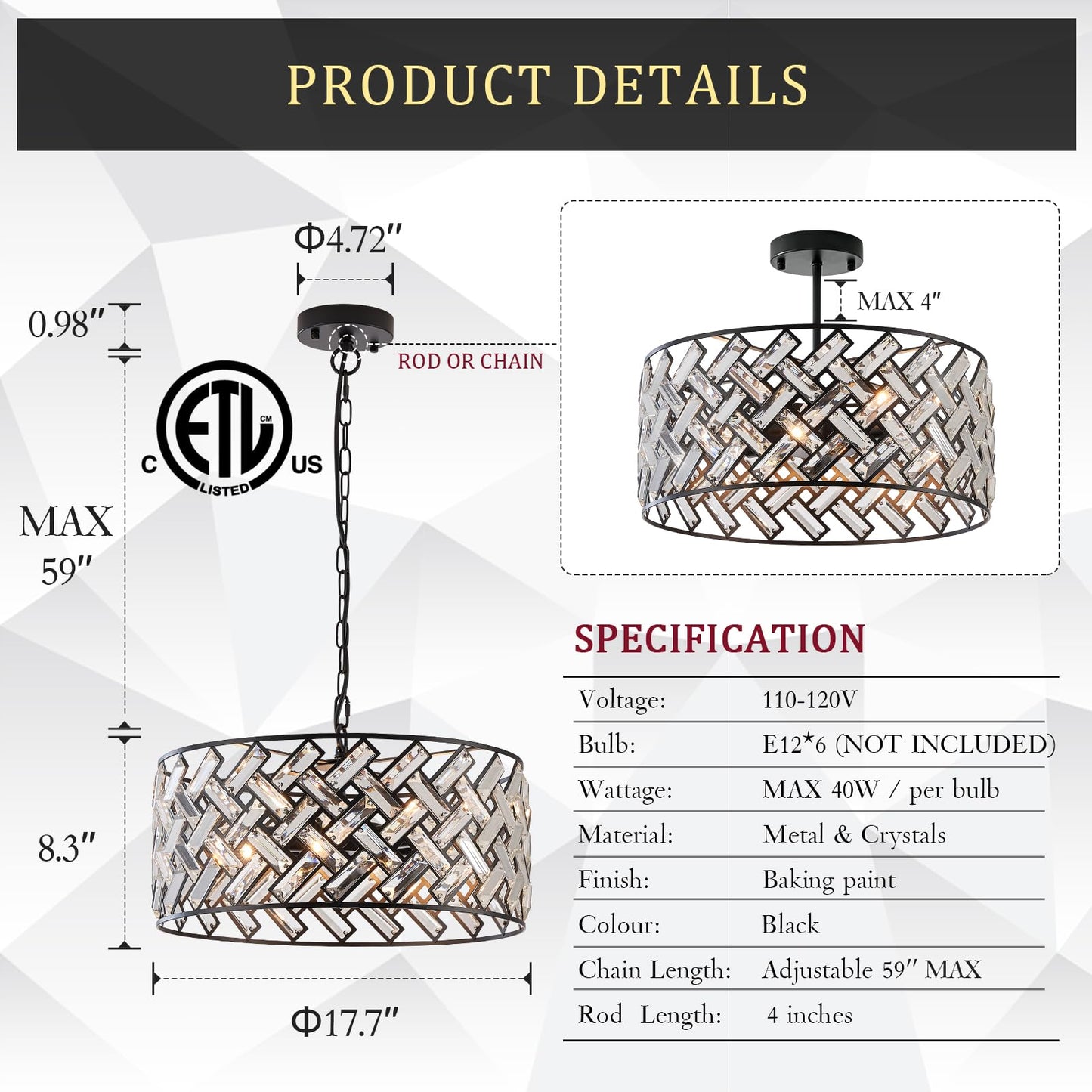 Catiner Black Modern 18 Crystal Chandelier, 6-Light Semi Flush Mount, Metal Drum Shade For Kitchen, Dining Room, Bedroom, Hallway